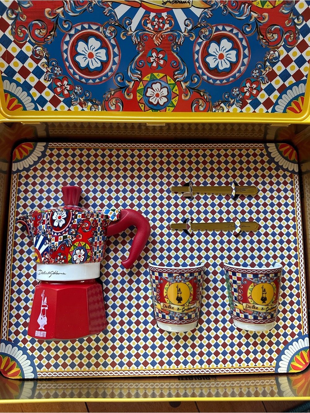 Bialetti Dolce & Gabbana 2 Cup Moka Pot Maker, Espresso Cups and Stirrers NIB